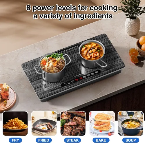 Vista 4 de Placa de inducción portátil de 2 quemadores, quemador de inducción doble de 1800 W con control táctil, temporizador y bloqueo de seguridad, estufa