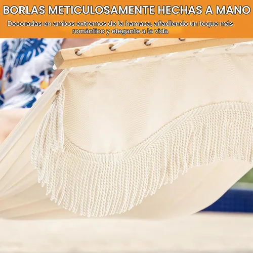 Vista 3 de Lazy Daze Hammocks Hamaca de tela acolchada doble de 12 pies con barra separadora de madera dura, borlas, almohada suave, cadenas, hamaca para 2