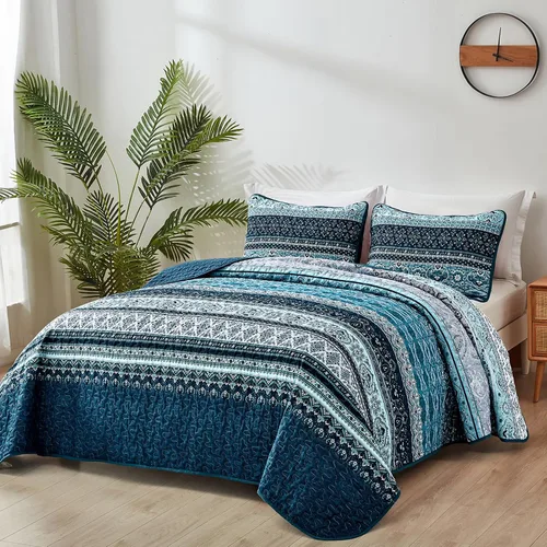 Vista 2 de WONGS BEDDING Juego de edredón bohemio tamaño individual, juego de ropa de cama azul bohemio individual, colcha de microfibra ligera con funda