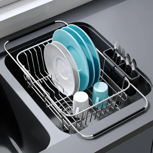 Vista 14 de Estante de secado de platos sobre el fregadero, expandible, pequeño, negro, escurridor para secar para la encimera de la cocina, metal de acero