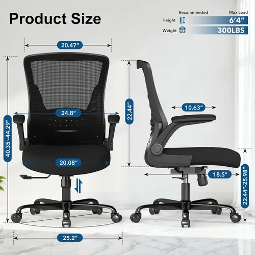 Vista 2 de Silla de oficina ergonómica, silla de escritorio de malla con altura ajustable y reposabrazos abatibles, cómoda silla de computadora para largas