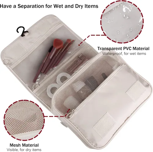 Vista 3 de Neceser colgante, organizador de viaje de gran capacidad para artículos de tocador, tela Oxford impermeable, bolsa de cosméticos de viaje con gancho
