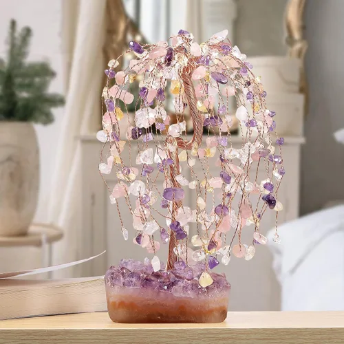Vista 4 de Nupuyai Árbol de la riqueza de piedra de cristal de alambre de cobre con base de racimo de amatista, hecho a mano, bonsái para la buena suerte, Feng