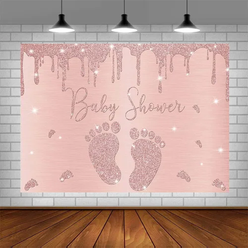 Vista 4 de Telón de fondo para baby shower de niña de oro rosa de 7 x 5 pies, con purpurina y pequeña huella, decoración de fiesta de princesa rosa, pancarta
