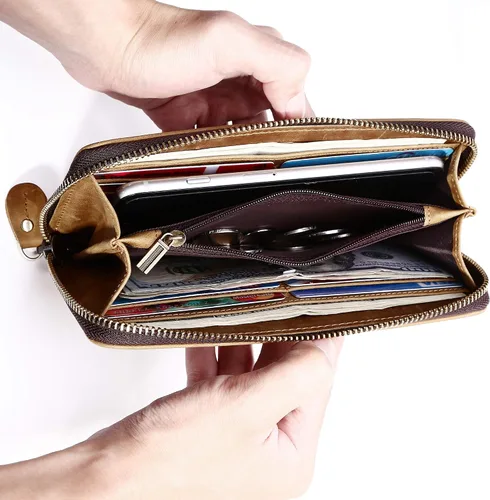 Vista 2 de Cartera larga para hombre de piel auténtica con cierre RFID bloqueo Vintage Bifold
