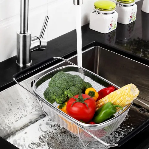 Vista 7 de ZDRongZhen Accesorios de Cocina Colador Escurridor Cesta Sobre el Fregadero, Colador de Acero Inoxidable con Agarre de Goma Expandible Escurridor