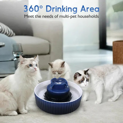 Vista 5 de Fuente de agua de cerámica para gatos Lawfery, fuente de gato de 2.1L/71oz con 3 filtros de carbón y 2 bombas de agua, fuente de agua para mascotas