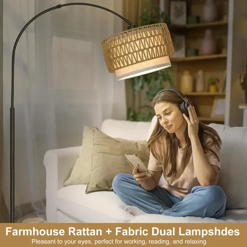 Vista 6 de Lámpara de pie de ratán, lámparas de pie de arco para sala de estar, lámpara de pie de granja con pantalla de tela colgante ajustable, lámpara