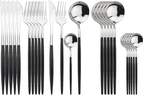 Vista 24 de Juego de cubiertos negros de acero inoxidable de 24 piezas, servicio para 6, vajilla pulida con espejo, cuchillo tenedor y cuchara para el hogar