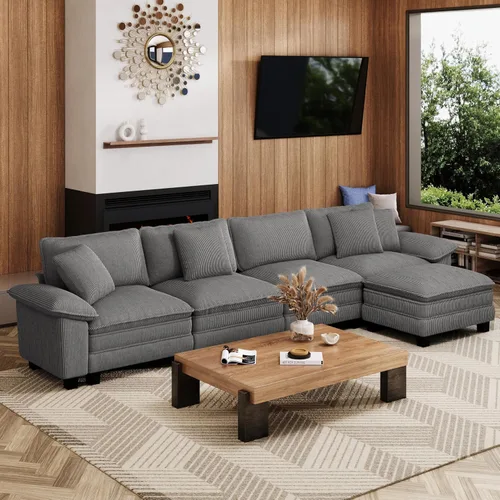 Vista 12 de Sofá seccional en forma de U de 123 pulgadas con cojines tipo nube, juego de sofá modular de asiento profundo con 5 asientos y 2 otomanos, brazos