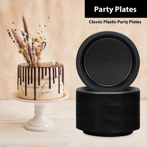 Vista 3 de Hanna K. Signature - Platos de plástico negro para fiesta, platos desechables de 7 pulgadas, 50 unidades, suministros de fiesta para aperitivos