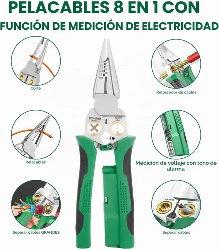 Vista 7 de Pelacables 8 en 1 con probador de voltaje, herramienta de pelado de cables eléctricos multifunción para cortar y alicates de tracción, herramienta