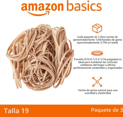 Vista 2 de Amazon Basics Bandas de goma, tamaño 19 (3-1/2 x 1/16 pulgadas), 1250 bandas/paquete de 1 libra, paquete de 3, marrón