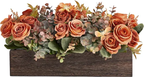 Vista 8 de Dahey Decoración de mesa de centro de mesa para comedor, mesa de granja, bandeja de madera con 3 flores artificiales y 2 eucaliptos para sala