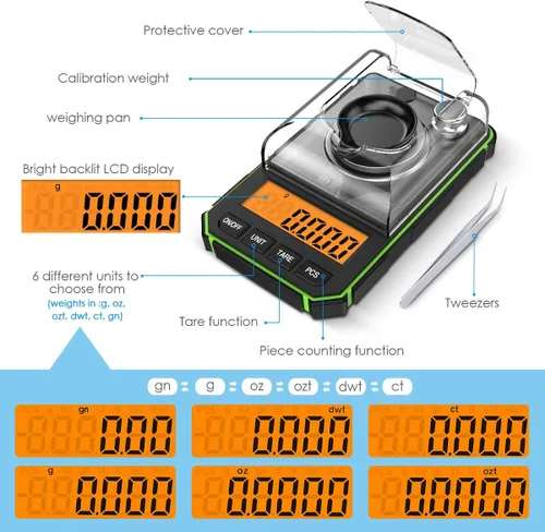 Vista 3 de Báscula digital de miligramo, mini báscula portátil de 1.76 oz, graduación precisa de 0.00 oz, báscula de bolsillo profesional con pinzas