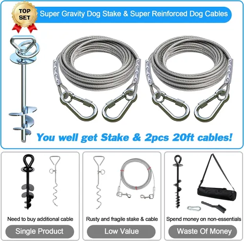 Vista 3 de Cable de amarre para perros y estaca para campamento, con cables resistentes de 2 x 20 pies (hasta 200 libras), anclaje giratorio de 360°