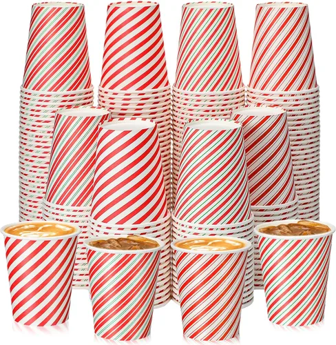 Vista 7 de Hushee 100 piezas de tazas de papel desechables elegantes de Navidad - Tazas festivas de 9 oz con rayas de bastón de caramelo para chocolate