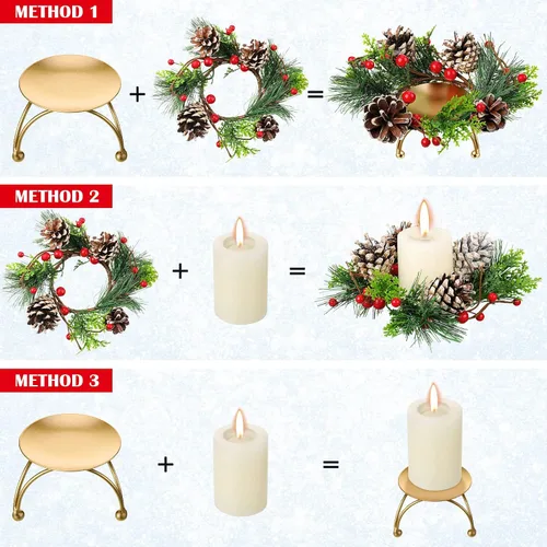 Vista 4 de 12 Piezas Portavelas de Corona de Navidad Incluyen 6 Pzas Anillo de Vela Votiva con Bayas con Piñas y 6 Pzas Portavelas de Metal para Decoración