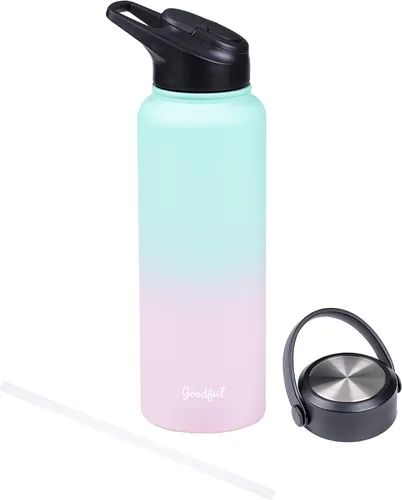Vista 12 de Goodful Botella de agua de doble pared sellada al vacío, aislada con dos tapas intercambiables, tapas para beber o tragar, a prueba de fugas, boca