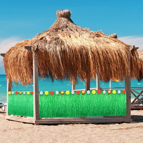 Vista 7 de Morcheiong Paquete de 1 falda de mesa de hierba Luau, 9 pies x 29.5 pulgadas, falda de mesa hawaiana para Tiki, selva, suministros de decoración