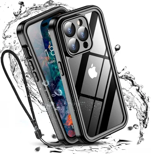 Vista 8 de Funda impermeable para iPhone 15, resistente, negro/transparente Lente y protector de pantalla integrados, protección de alta resistencia, 12 pies a
