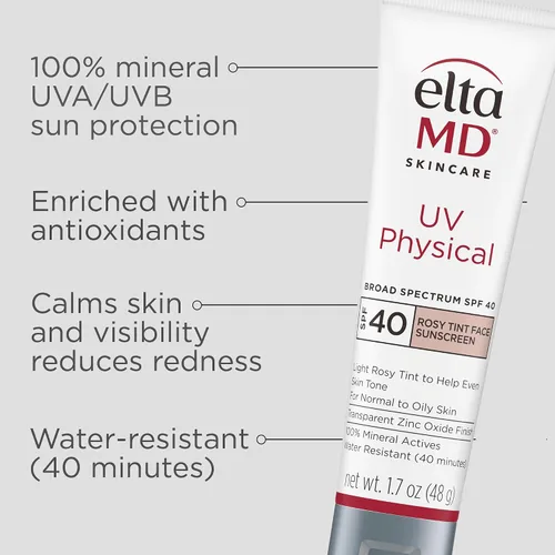 Vista 2 de EltaMD UV Physical Tinted 100% Mineral Face Sunscreen, SPF 40 and 41 Formulated with Antioxidants, 100% Mineral Actives, Transparent Zinc Oxide