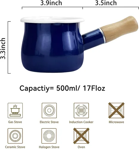 Vista 4 de Olla de leche esmaltada, olla pequeña para leche, calentador de mantequilla de 4 pulgadas, 17 onzas, sartén pequeña esmaltada con mango de madera