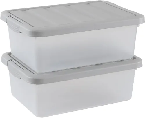 Vista 8 de Wekioger Caja de almacenamiento de plástico versátil con tapas negras, 14 cuartos de galón, 2 paquetes Contenedor organizador de pestillo, apilable