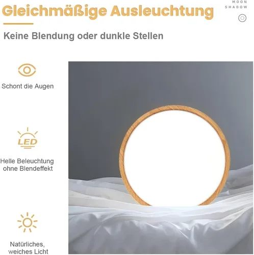 Vista 2 de LightingWill LED Ceiling Light Wood Look 24 W Diameter 30 cm, 2800 LM, 6000 K Cool White, Round Flat, Modern Ceiling Light for Living Room, Bedroom