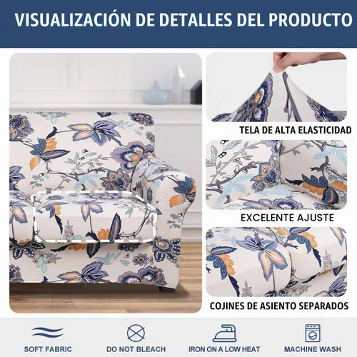 Vista 2 de hyha Funda para sofá, fundas para sofá biplaza, diseño floral, elásticas, estampadas, 3 piezas, fundas para sofá de 2 cojines separados, protector