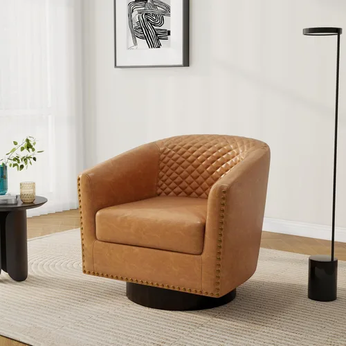 Vista 29 de Pia Ricco Silla de Acento Tipo Barril de Cuero Sintético, Silla de Club Moderna con Brazos, Cómoda Silla Individual Tapizada con Patas de Madera