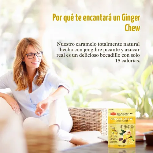 Vista 3 de Pocas Lemon Ginger Chews - Masticables de jengibre dulce y picante, bocadillos bajos en calorías envueltos individualmente, caramelo de jengibre