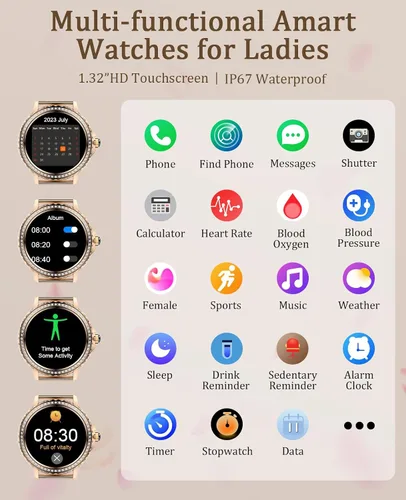 Vista 7 de Reloj inteligente para mujer, reloj inteligente Bluetooth para iPhone, Android, iOS, IP68, impermeable, para mujer, rastreador de actividad física