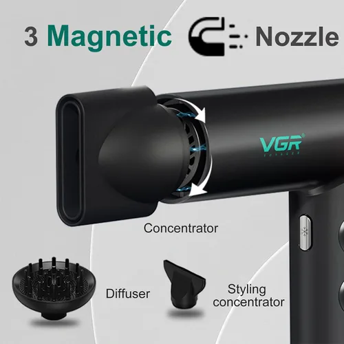 Vista 5 de VGR Secador de pelo iónico negativo 401, secador profesional de motor BLDC para secado rápido, pantalla LED, termo de bajo ruido y secador de pelo