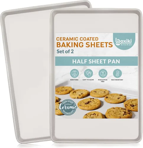 Vista 8 de Boxiki Kitchen Bandeja antiadherente para hornear y galletas, no tóxica de acero al carbono con borde de 11 x 14 pulgadas. Resistente a abolladuras