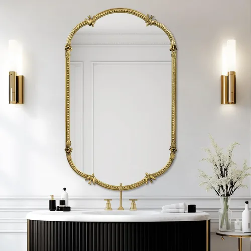 Vista 4 de Espejo de pared ovalado dorado de 19 x 32 pulgadas, espejo decorativo con marco de cuentas de metal, bonito patrón de pájaros y flores, espejo