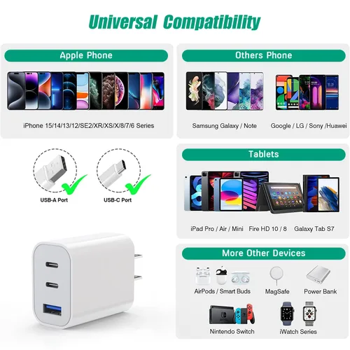 Vista 3 de Bloque de cargador USB C rápido de 35 W, cargador USB C de doble puerto, PD+QC, enchufe de pared multipuerto, cubo compatible con iPhone 17/17