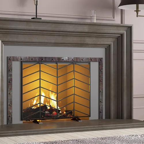 Vista 5 de Fire Beauty Panel único de chimenea de hierro forjado con malla de zigzag, protector contra chispas de fuego para sala de estar, decoración