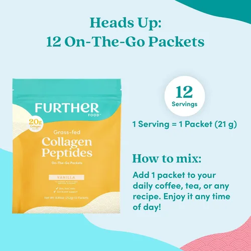 Vista 7 de Further Food - Polvo de Péptidos de Colágeno Vainilla, 12 Sobres – 100% Alimentado con Hierba, Hidrolizado Tipo 1 y 3, 20g de Colágeno por Porción