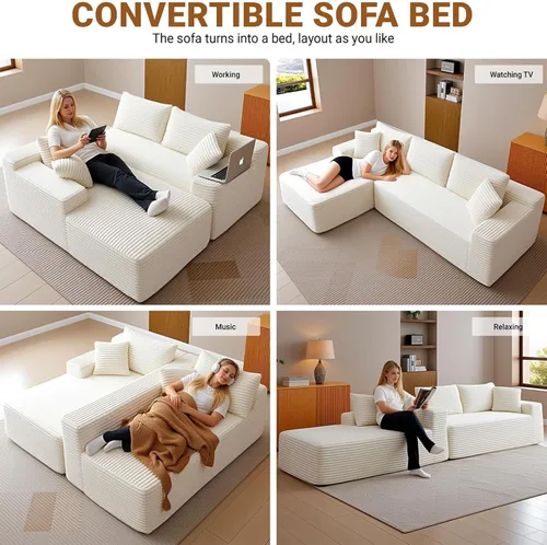 Vista 5 de Sofá modular Cloud de 97 pulgadas, moderno sofá deshuesado con diván, asiento profundo, sofá modular en forma de L, sofás de espuma de pana