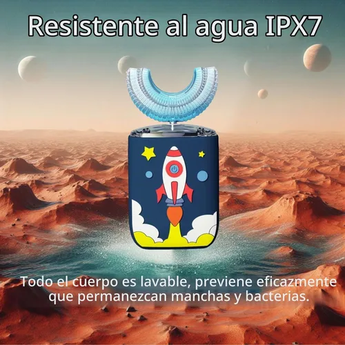 Vista 7 de Cepillo de dientes eléctrico en forma de U para niños, cepillo ultrasónico automático con 5 cabezales de cepillo, 6 modos de limpieza, impermeable