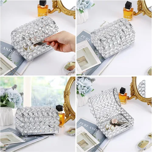 Vista 4 de ELLDOO Joyero de cristal, caja organizadora de aretes, anillos, decoración del hogar, caja decorativa con tapa, regalo plateado para San Valentín