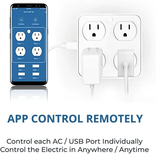 Vista 4 de Enchufe inteligente de pared inalámbrico, protector de sobretensiones, extensor de 4 salidas con 4 puertos de carga USB, compatible con Alexa Google