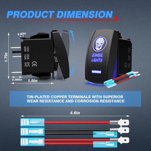 Vista 6 de MicTuning MIC-LSK1 Interruptor de luces con símbolo de zombie, con encendido y apagado, luces ledes, 20A, 12V, azul
