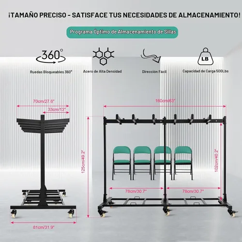 Vista 4 de Carrito de silla plegable con ruedas, 500 libras de alta resistencia para sillas de almacenamiento para 42 sillas o 12 mesas, carrito con cerradura