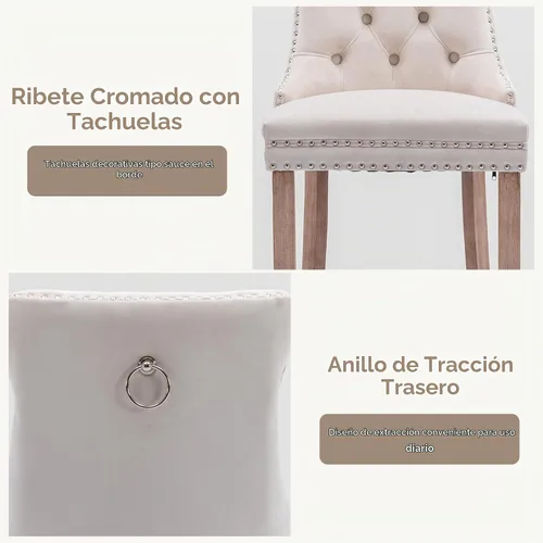 Vista 4 de Juego de 2 Sillas de Comedor, Modernos Taburetes de Bar Tapizados de Terciopelo con Decoración de Botones Capitoné y Patas de Madera, Ribete de Beige