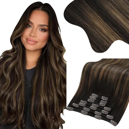 Vista 44 de Moresoo Extensiones de cabello humano con clip, balayage, color marrón oscuro a marrón dorado con clip, extensiones de cabello humano con clip, 5