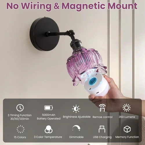 Vista 5 de Vintage Battery Operated Wall Sconces: Gothic Wireless Rechargeable Light 5000mAh Dimmable Powered Sconce Remote Control, Set of 2 Cute Purple