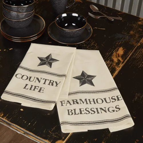 Vista 2 de VHC Brands Farmhouse Star Country Life Blessings - Juego de 2 toallas de cocina con patrón de muselina de algodón primitivo para Acción de Gracias