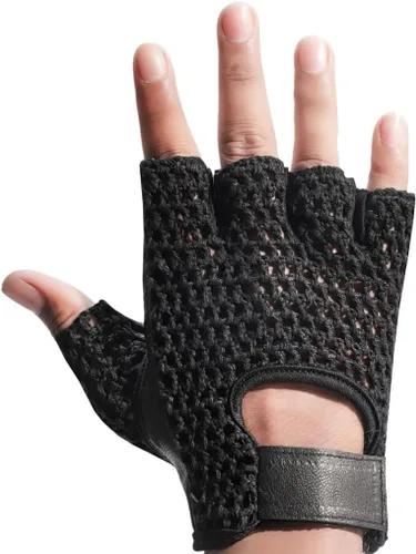 Vista 3 de Guantes de entrenamiento sin dedos transpirables acolchados de cuero, espalda de ganchillo, negro (XS)